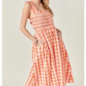 English Factory | Smocked Orange and White Gingham Midi Dress | L